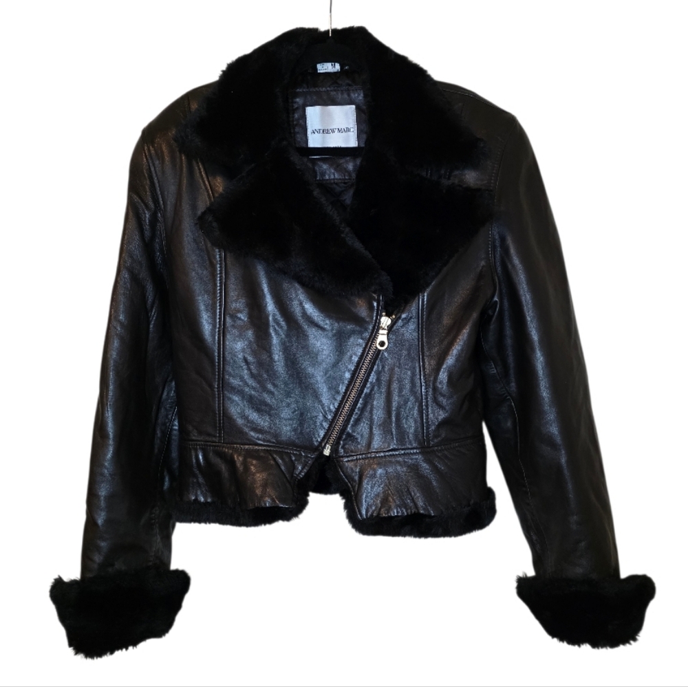 ANDREW MARC Black Leather Jacket with Faux Fur Trim‎ - Size Medium